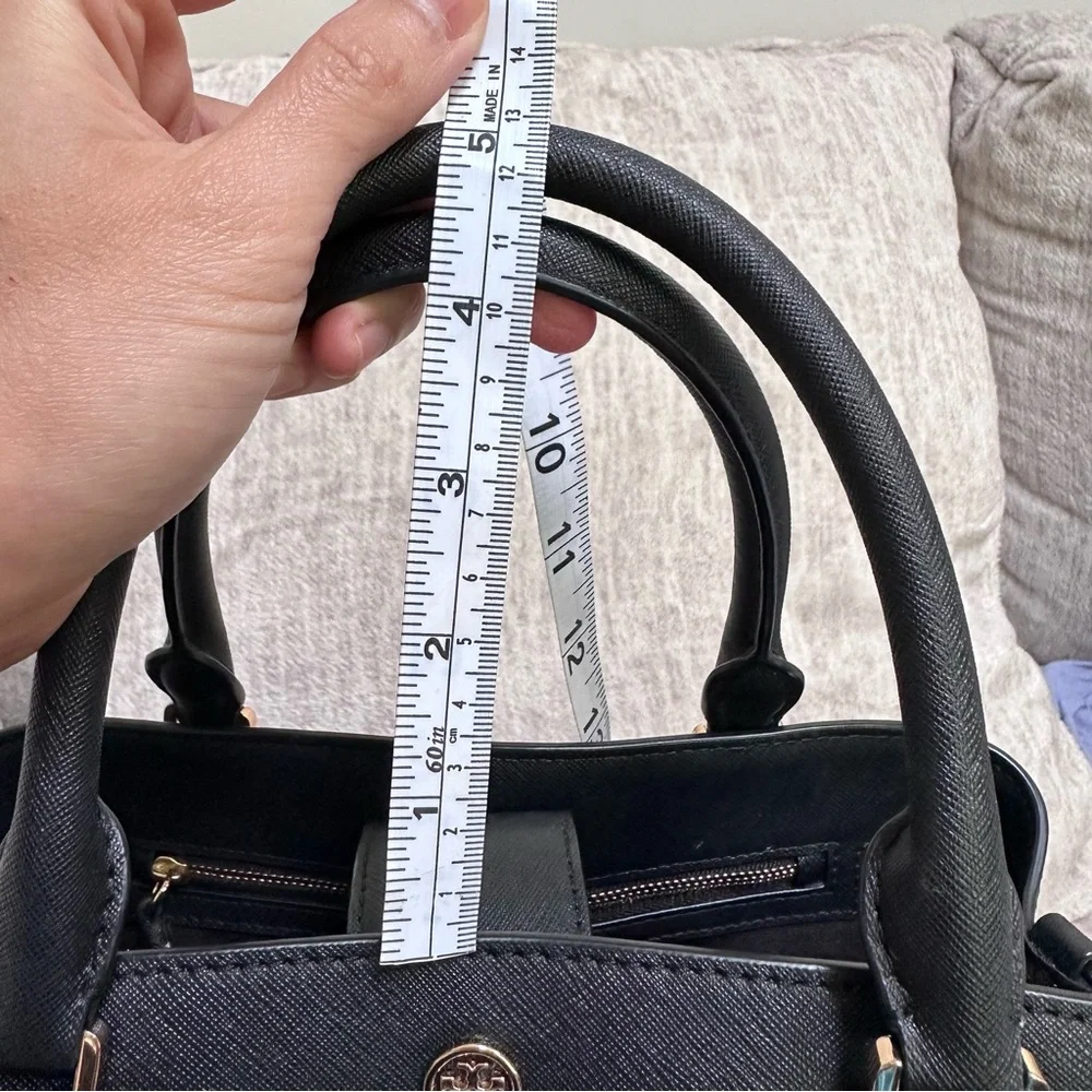 Tory Burch Robinson Medium Triple Compartment Black Leather Tote Bag - Picture 15 of 16